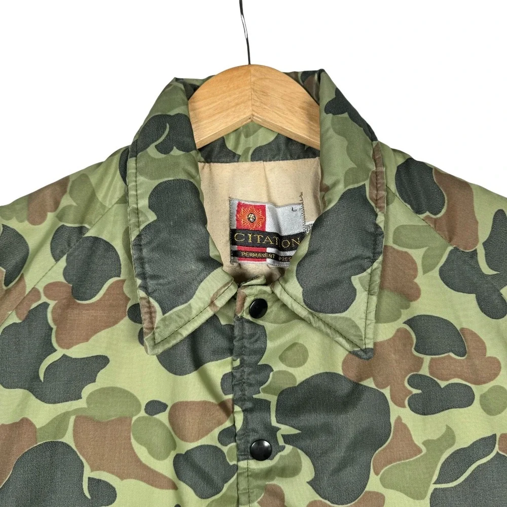 Vintage 80s Citation Jacket Camo Lined Snap Front Nylon - Men Large Green